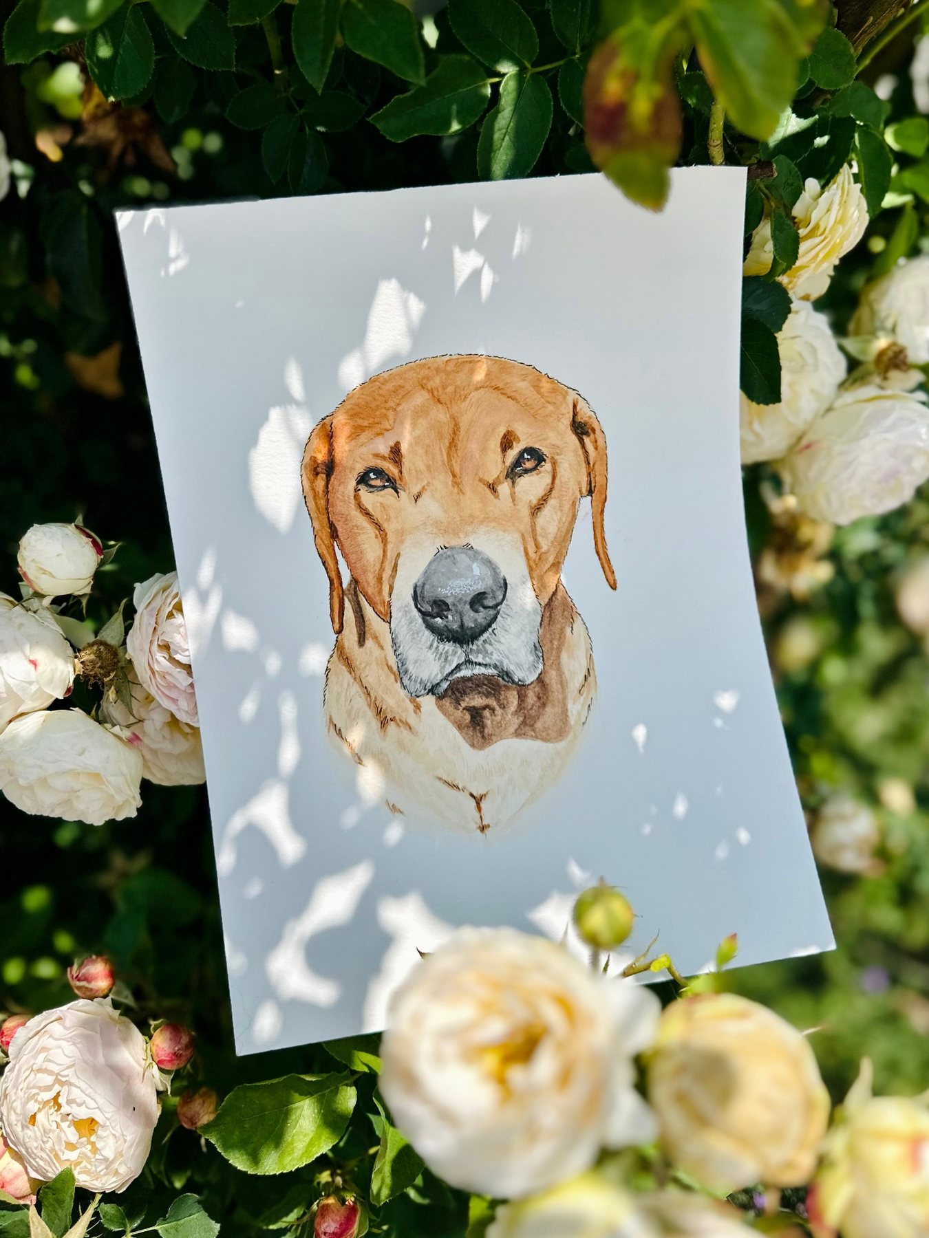 Illustrated portrait of a golden dog among flowers