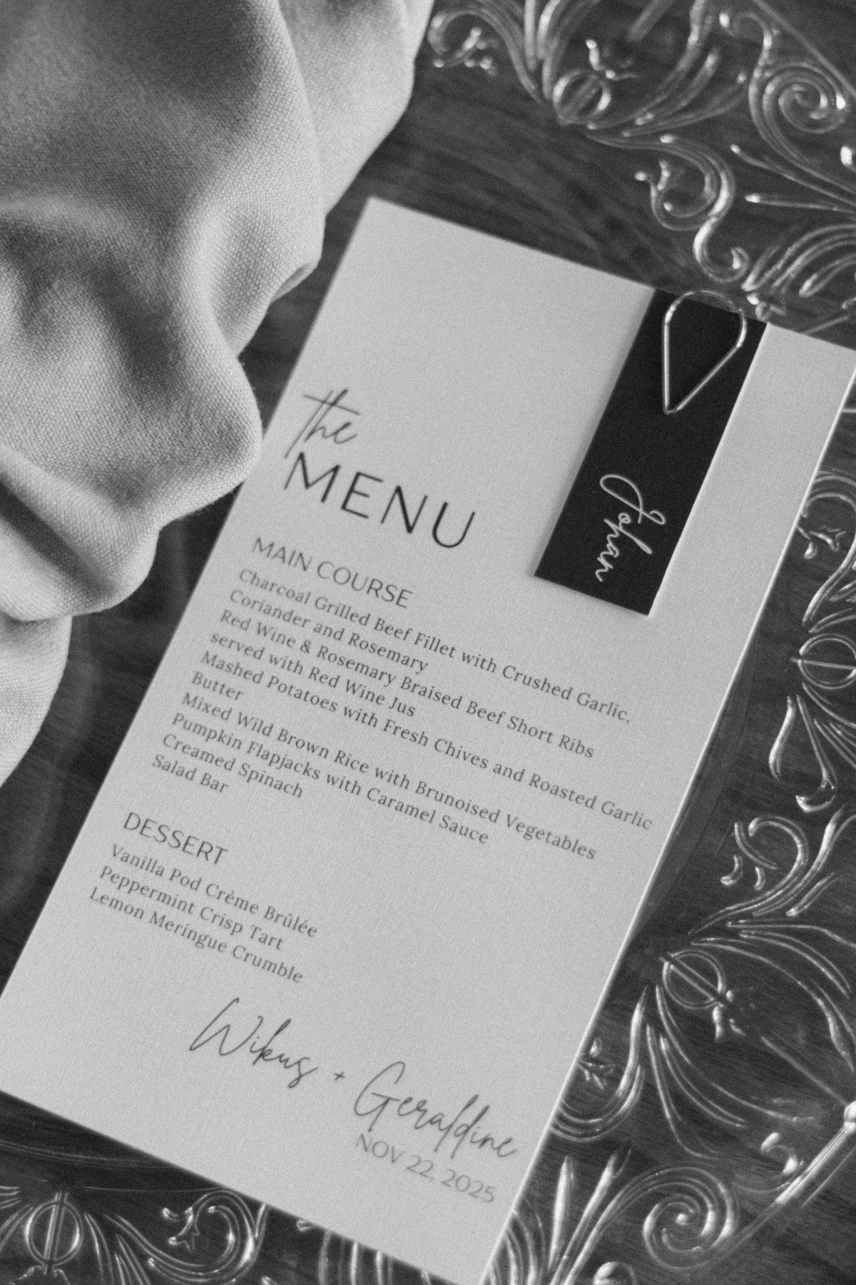 Wedding menu with black ribbon