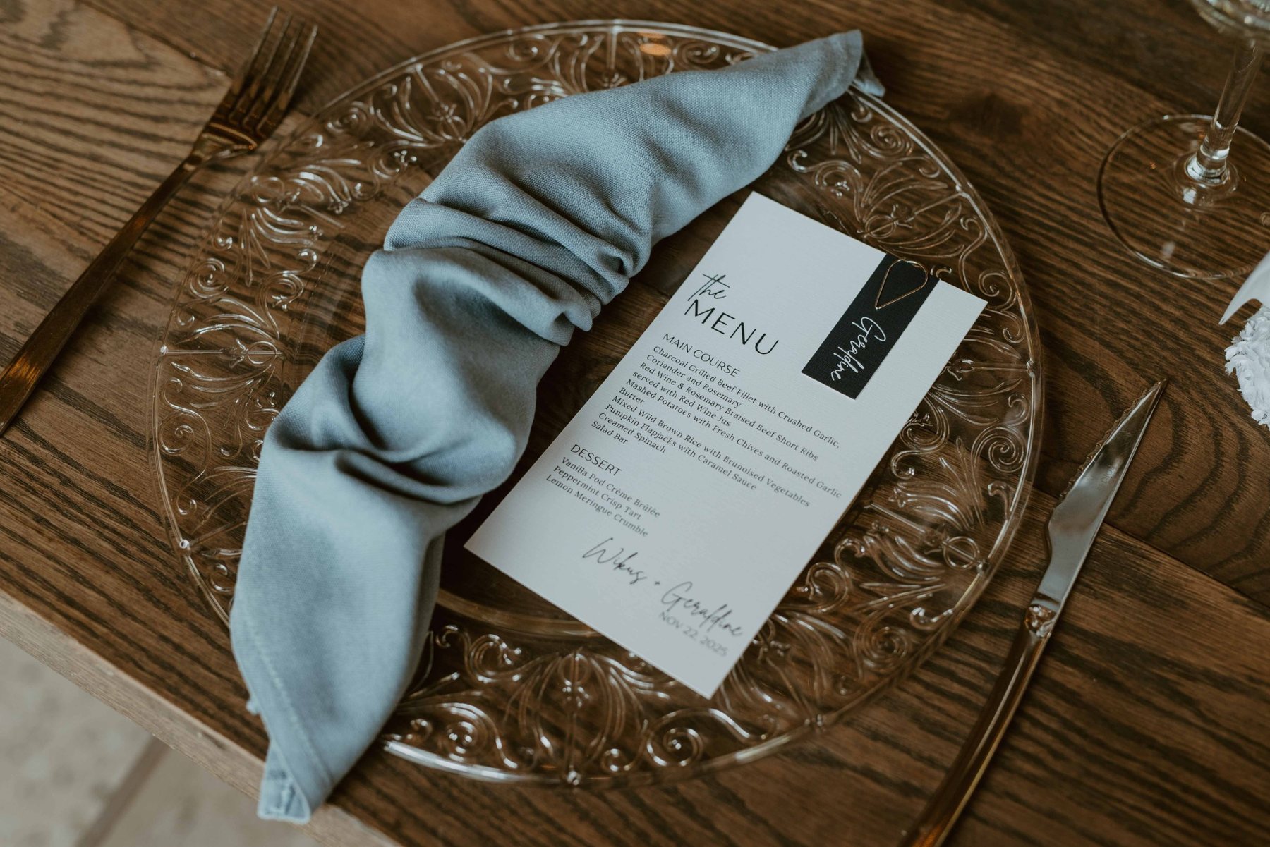 Wedding menu and blue napkin