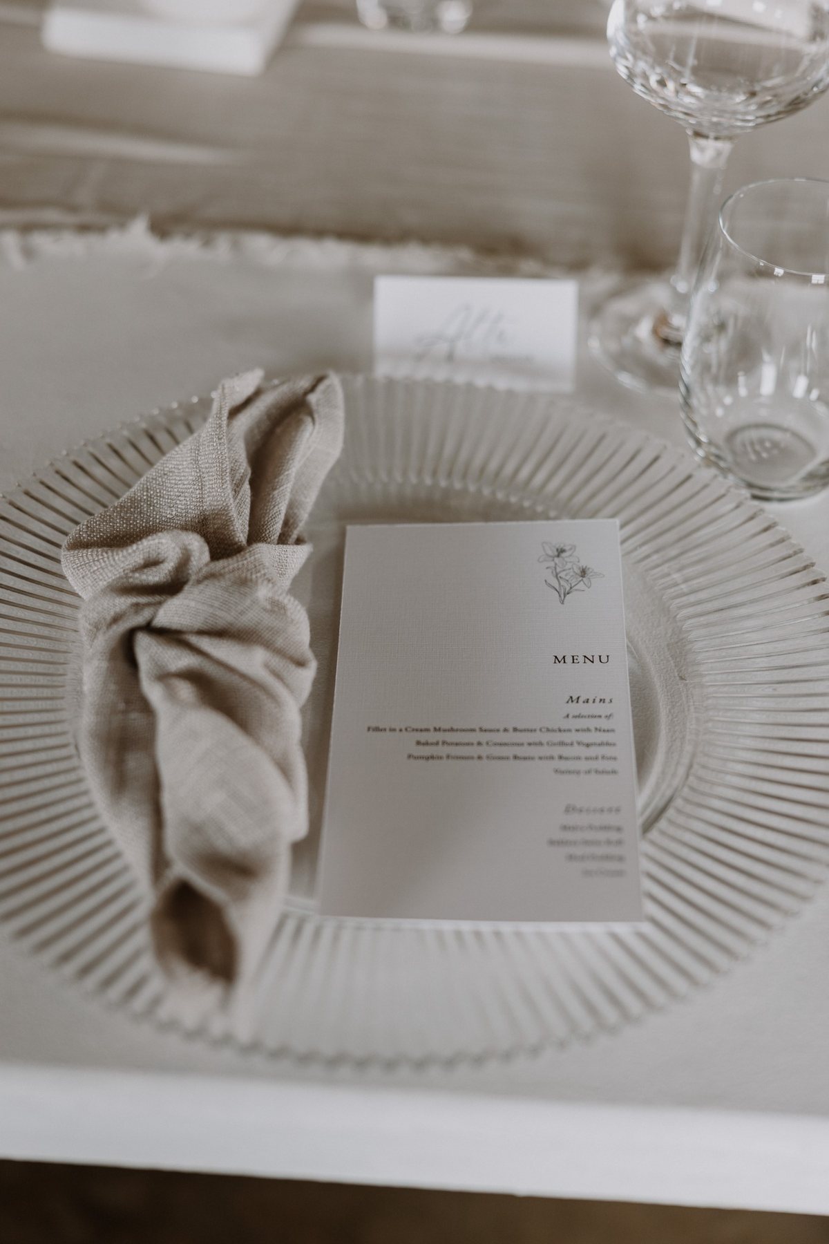 Wedding menu on a table setting
